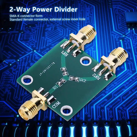 Badass Two Way RF Power Splitter With Rock Solid SMA Connectors And Reliable Resistance Power Divider For Industrial Builds Guaranteeing Sweet Signal Distribution From DC To Five GHz Straight Up on a circuit background.