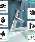 Talis S Modern Timeless Easy Clean 7-Inch Tall Bathroom Sink Faucet 1-Handle Chrome Finish with features and benefits highlighted