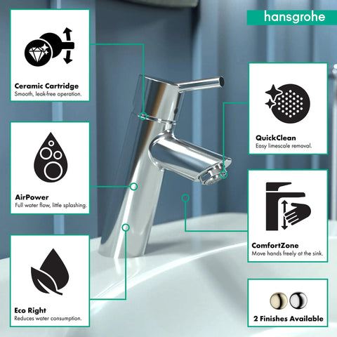 Talis S Modern Timeless Easy Clean 7-Inch Tall Bathroom Sink Faucet 1-Handle Chrome Finish with features and benefits highlighted