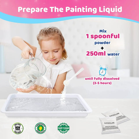 Water Marbling Paint Kit For Kids With 6 Vivid Colors, 16ml Each, Paper Sheets, Needles, Pipette, Spreader, Tray And Manual, A Fun STEM Arts And Crafts Gift For Boys And Girls Ages 3 To 12, Perfect Stocking Stuffers And Birthday Treats; child mixing powder and water in tray