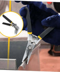 Beefy Heavy Duty Metal Flattening Tool and Duckbill Pliers for Seamers in use on metal edge, showcasing locking jaws and non-slip handle.