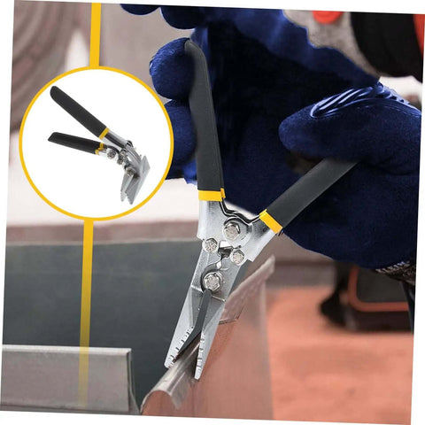 Beefy Heavy Duty Metal Flattening Tool and Duckbill Pliers for Seamers in use on metal edge, showcasing locking jaws and non-slip handle.