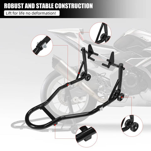 Universal Front Combo Wheel Fork Paddock Stand Lift For Motorcycles displayed in black powder-coated iron next to sport bike.