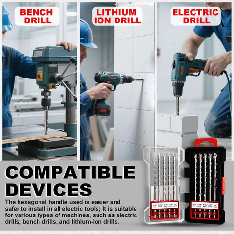 Masonry drill bit set, 10-piece carbide bits, 6-inch length, 3/16–1/2 in, for concrete, tile, brick; includes carrying case