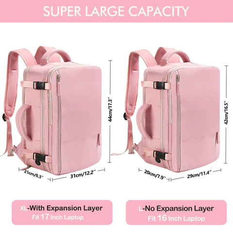 Women Travel Backpack Your Go To Airline Approved Carry On Waterproof Hiking Bag With 16 Inch Laptop Compartment in pink