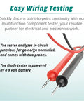 Pocket Transistor And Diode Tester For In Circuit Checks And Continuity Testing, Pro Grade, close-up of red and black probes.