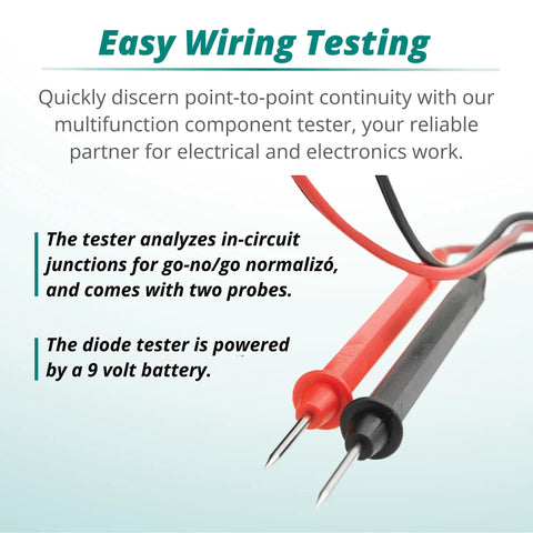 Pocket Transistor And Diode Tester For In Circuit Checks And Continuity Testing, Pro Grade, close-up of red and black probes.