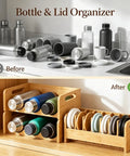 3 Piece Bamboo Water Bottle Organizer And Tumbler Lid Organizer Set with two-tier rack, holds 6 tumblers and 7 lids