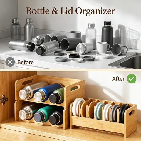3 Piece Bamboo Water Bottle Organizer And Tumbler Lid Organizer Set with two-tier rack, holds 6 tumblers and 7 lids