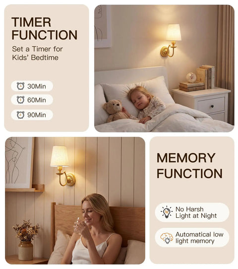 Wireless Wall Sconces Set Of Two With 5300mAh Battery And Remote Control Fifteen Dimmable Colors Fabric Shade Brushed Gold For Bedroom Living Room No Sweat Install Definitely Top Notch Glow with timer and memory function features.