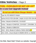 EVDOUBLER compatible vehicles list with warnings and models, detailing upgrades needed for electric vehicle charging.