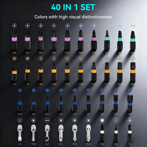 40 In 1 Precision Magnetic Ratchet Screwdriver Set With Case And 40 Bits, showcasing Torx and Hex bits assortment
