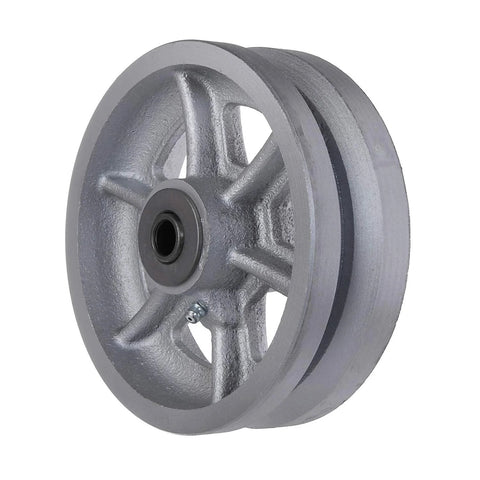 Heavy duty cast iron V-groove caster wheel, 6-inch diameter, straight roller bearings, silver finish, 4000 lb capacity pack of 4.