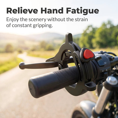 Motorcycle Cruise Control Assist With Quick Release Button Anti Slip Throttle Lock mounted on handlebar, perfect for long rides.