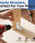 Installation of Top Shelf Stainless Steel L Brackets Corner Braces Heavy Duty Metal Reinforcement Set with screws on wood.