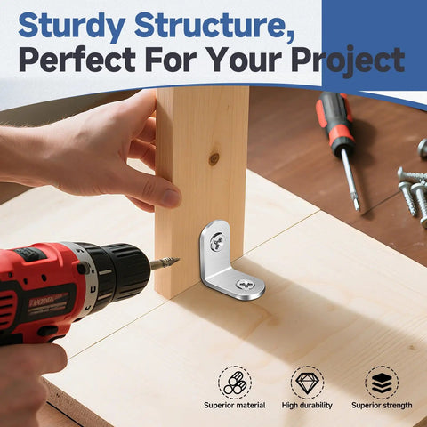 Installation of Top Shelf Stainless Steel L Brackets Corner Braces Heavy Duty Metal Reinforcement Set with screws on wood.