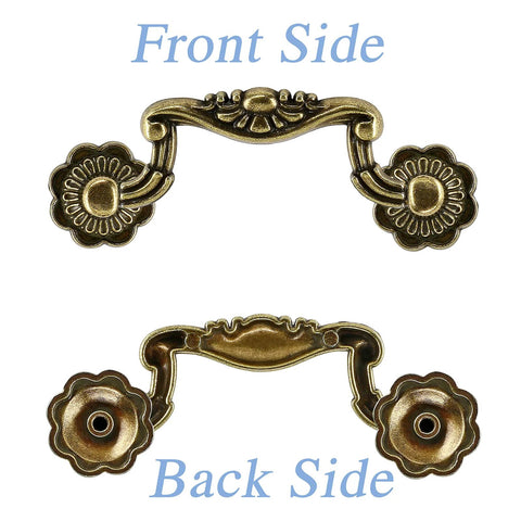 Front and back view of Antique Bronze Cabinet Pulls Set of 10 with 3 inch hole centers, vintage drawer handles for cabinets and dressers.