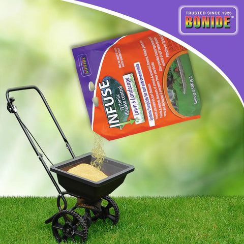 Infuse Lawn And Landscape Systemic Disease Control Ready To Use Granules For Turf And Ornamentals Keep Your Yard Green bag pouring into spreader on grass