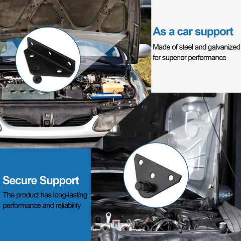 Car hood open with 4 Pack 10mm Ball Stud Mounting Brackets for Gas Struts, showing galvanized steel brackets installed.