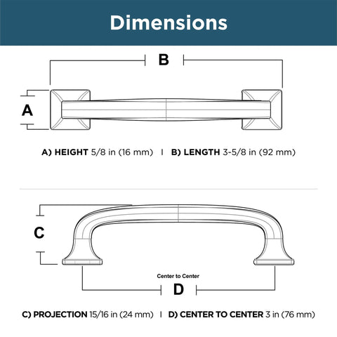 Diagram of Lombard 3 Inch Center To Center Matte Black Cabinet Handles 1 Pack showing dimensions and design.