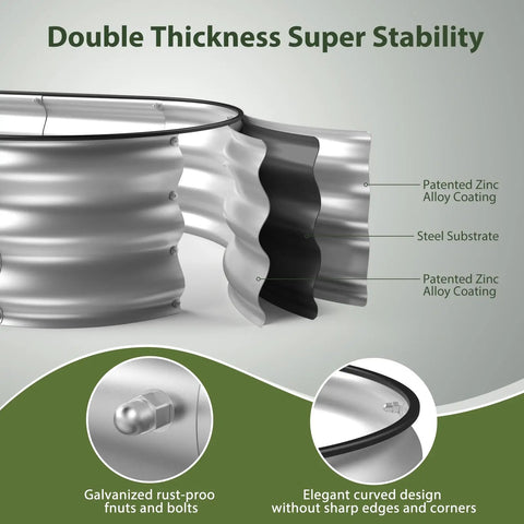 Heavy Duty Galvanized Raised Garden Bed Kit 4x2x1 Ft with detailed view of double thickness wavy side design and stability features