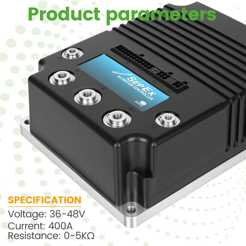Professional Grade Heavy Duty 48V 400A Golf Cart Solid State Speed Controller Direct Swap Replacement For Curtis 1268 5403, showing wires and specifications.