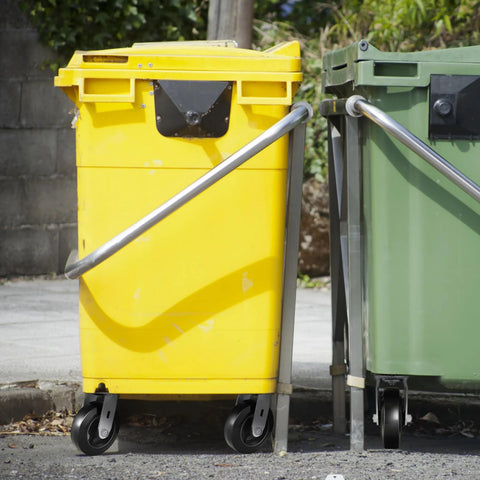 Yellow and green bins on Heavy Duty 6 Inch Plate Caster Wheels With Rubber On Cast Iron Core, 1000 Lb Per Caster Capacity