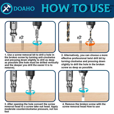 Illustration showing the use of a Damaged Screw Extractor Kit With Six HSS 4341 Extractors And Three Twist Drill Bits for removing screws