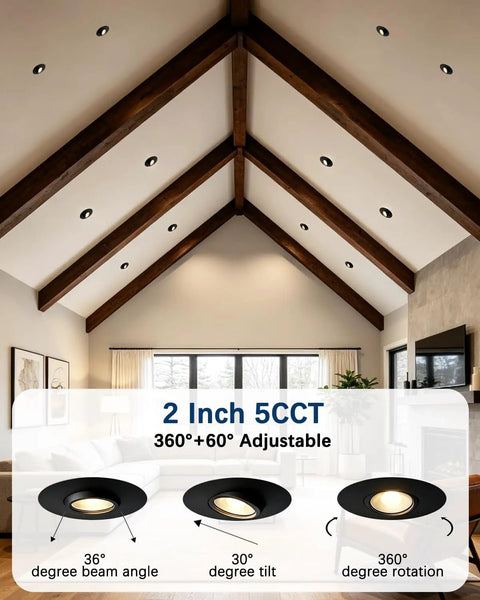 Sublimation 2 inch 5CCT Gimbal Led Recessed Lights, modern ceiling with multiple adjustable lights in black finish.