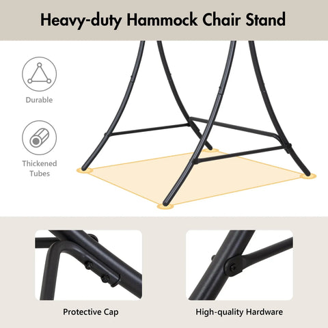 Heavy-duty hammock chair stand emphasizing protective cap and durable, thickened tubes construction.