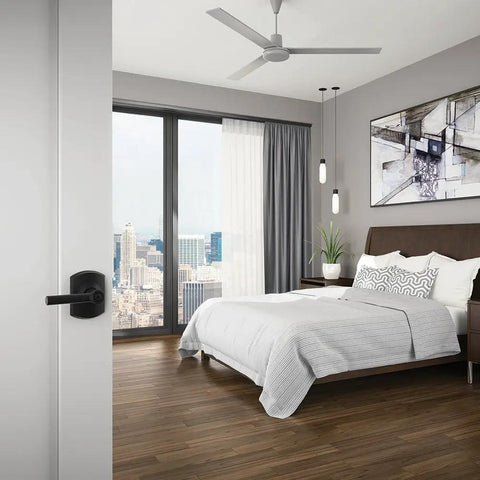 Privacy Door Lever With Push Button Lock, Matte Black Finish, Heavy Duty Metal Construction, PIN Key Included, Greenwich Broadway Style in bedroom