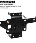 Beefy Heavy Duty Self Locking Gate Latch for Wooden Fence Post, black finish, with pin lock compatibility and gravity-assisted locking.