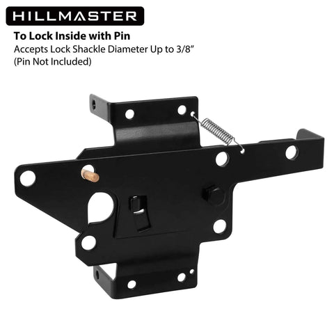 Beefy Heavy Duty Self Locking Gate Latch for Wooden Fence Post, black finish, with pin lock compatibility and gravity-assisted locking.