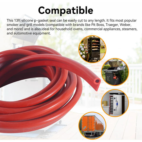 13ft red silicone gasket seal coil for grills, ovens and smokers; 7/16 x 7/8 in, heat resistant up to 500°F