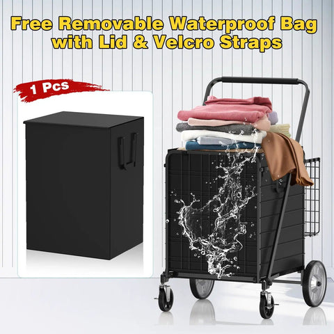 Beastly Folding Shopping Cart With 5.7 Cu Ft Space, 600 Lb Capacity, shown with removable waterproof liner and laundry items.