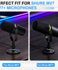 Real Deal Desktop Microphone Stand Crafted For Shure Mv7 Series Models showcasing two mics on sleek black stands.