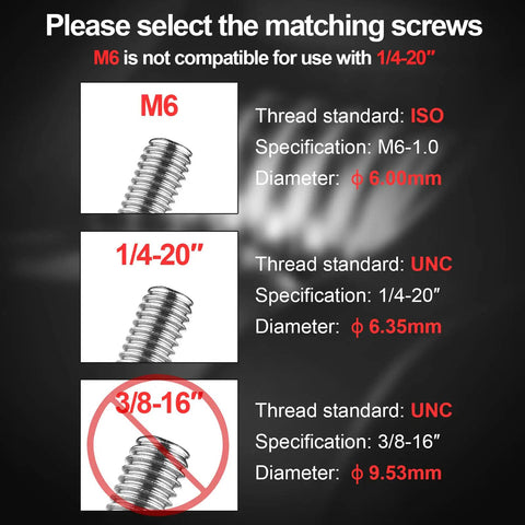 Thread size comparison for One Inch Ball Head Adapter With M6 And One Quarter Inch Threaded Studs, showing M6, 1/4-20, and 3/8-16 examples.