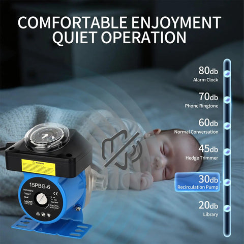 Instant Hot Water Recirculating Pump Kit For Tank Style Heaters Includes Two Upgraded Brass Sensor Valves that runs quietly next to a sleeping baby.