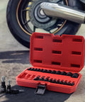 Open red case of Professional Grade 25 Piece Torx Bit and Socket Set with 13 Star Bits T8 through T60 and 12 ETorx Sockets E4 through E22.