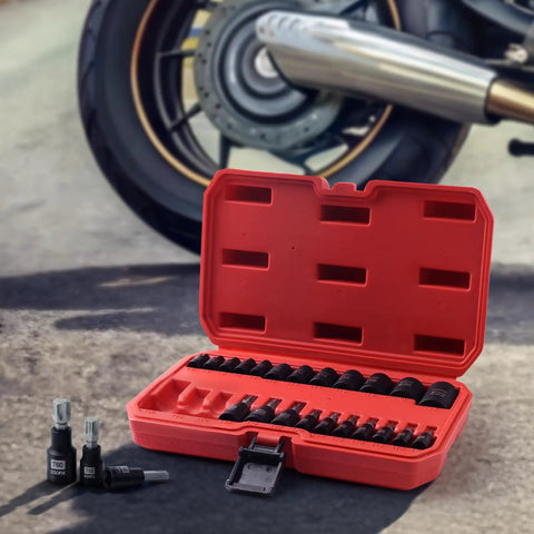 Open red case of Professional Grade 25 Piece Torx Bit and Socket Set with 13 Star Bits T8 through T60 and 12 ETorx Sockets E4 through E22.