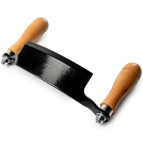Pro Grade 10 Inch Curved Draw Knife Heavy Duty Woodworking Shaving Tool with wooden handles and sharp blade for log crafting.