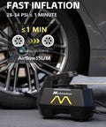 Portable Tire Inflator Air Pump for Cars Trucks SUVs Motorcycles and Bicycles with 12V DC Power shown next to car wheel