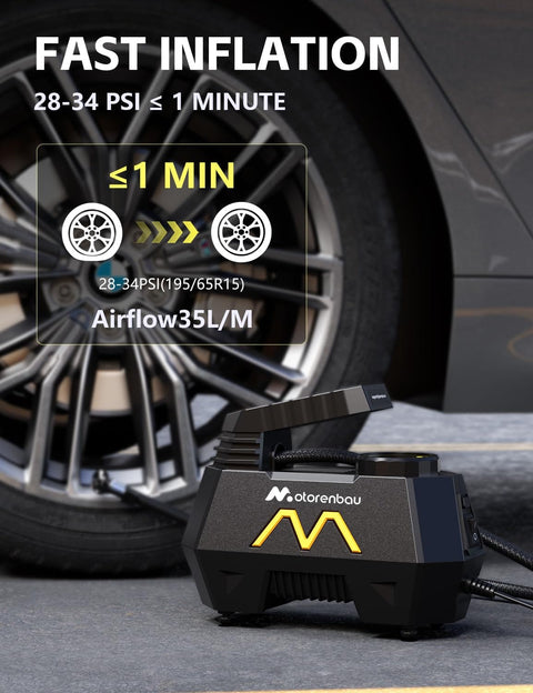 Portable Tire Inflator Air Pump for Cars Trucks SUVs Motorcycles and Bicycles with 12V DC Power shown next to car wheel