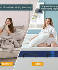 Before and after using Heavy Duty Mattress Retainer Bars Four Pack, showcasing a stable mattress setup for better sleep.