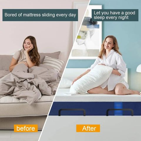 Before and after using Heavy Duty Mattress Retainer Bars Four Pack, showcasing a stable mattress setup for better sleep.