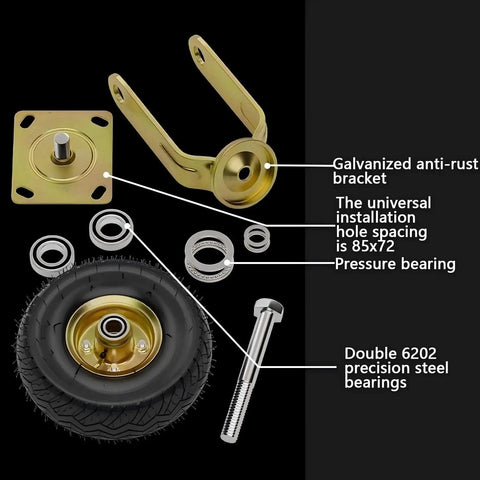 Diagram of 10 Inch Pneumatic Plate Casters with durable rubber knobby tread, bearings, and galvanized anti-rust bracket components