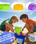 Children playing with 12 Pack Kids Sand Buckets And Shovels Set With 7.48 Inch Buckets And Shovels Bright Beach Toys For Sandbox Fun BPA Free ABS Plastic Durable Colorful Pail And Shovel Kit With Ribbons And Postcards Great For Molds And Sand Castles on the beach