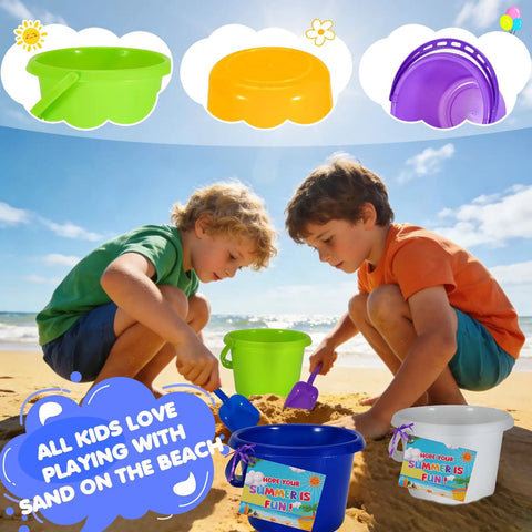 Children playing with 12 Pack Kids Sand Buckets And Shovels Set With 7.48 Inch Buckets And Shovels Bright Beach Toys For Sandbox Fun BPA Free ABS Plastic Durable Colorful Pail And Shovel Kit With Ribbons And Postcards Great For Molds And Sand Castles on the beach
