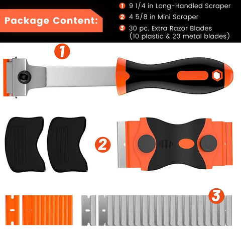 2 Pack Razor Scraper Kit With Long Handle And Mini Dual End Scraper This Handy Tool Makes Quick Work Of Removing Labels Stickers Window Tint And Grease From Windshields Glass And Appliances Includes 20 Metal And 10 Plastic Replacement Blades