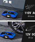 No Drama Portable Tire Inflator Air Compressor with AC and DC plugs for versatile use at home and in vehicles.